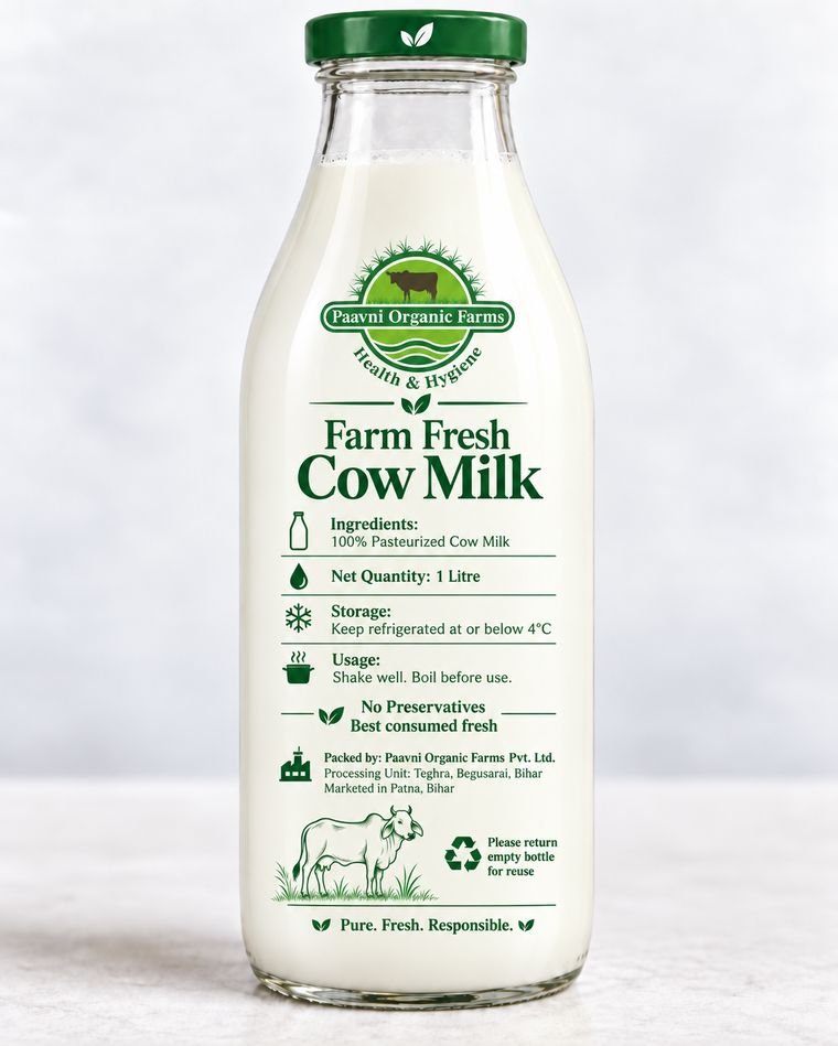 Paavni Cow Milk bottle back label with ingredients and storage
