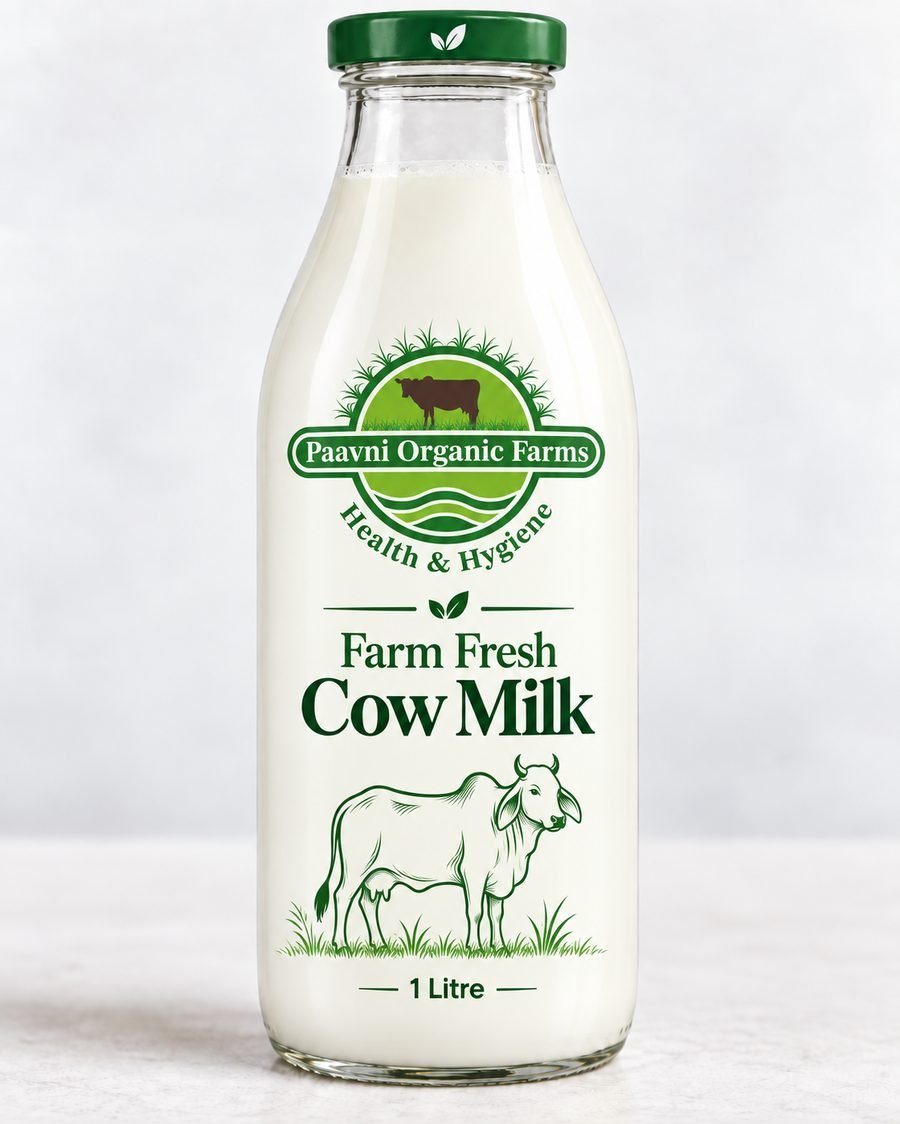 Paavni Farm Fresh Cow Milk 1 litre glass bottle, front label
