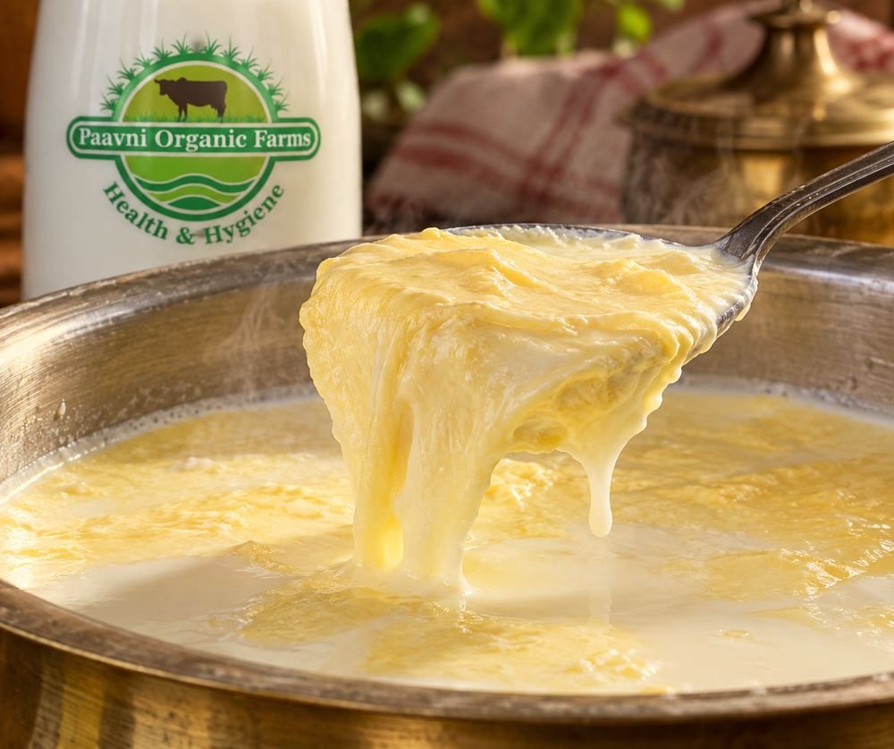 Thick malai cream layer forming on boiled Paavni cow milk