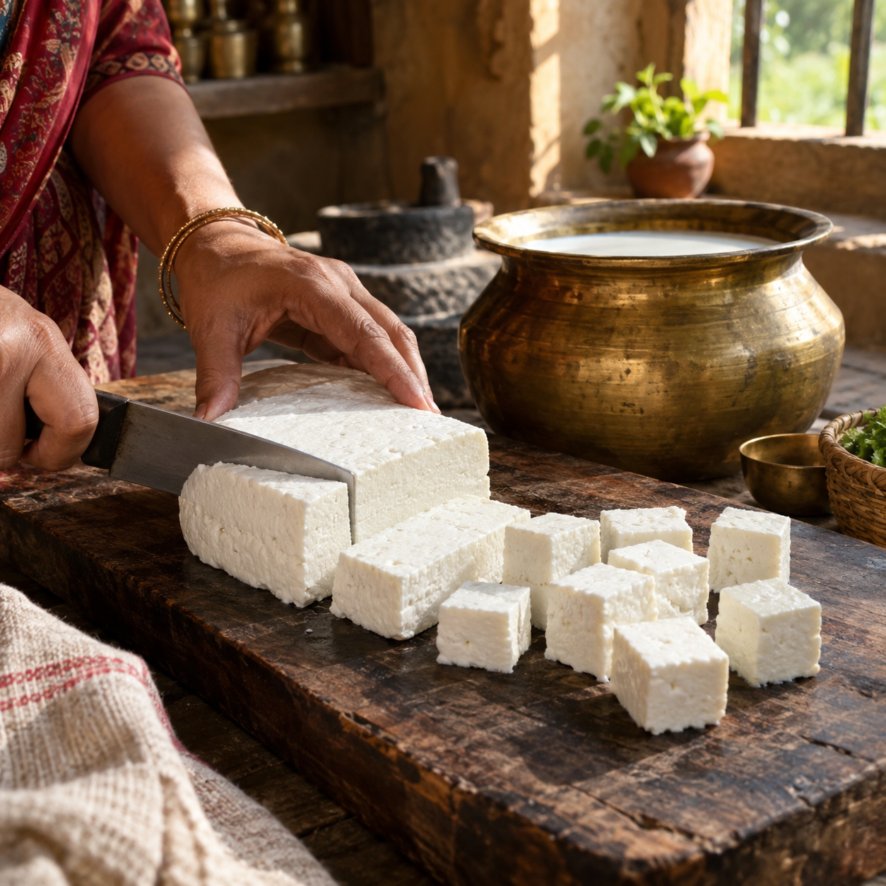 Fresh paneer being cut the traditional way &mdash; Paavni Farm Fresh
