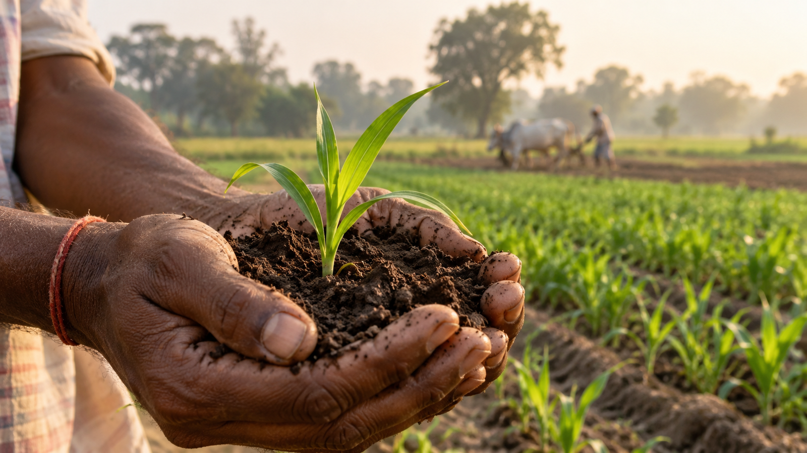 Rich dark soil with green fodder seedling at Paavni model farm