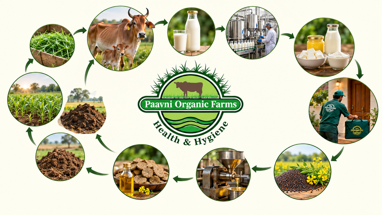 Farming 360 closed-loop diagram showing dairy farmers, crop farmers and Paavni connected in a circular flow